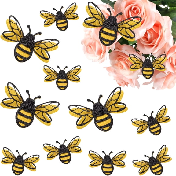 CCOCC 24 Pcs 3D Bee Stickers 2 Sizes Honey Bee Party Wall Decor Glitter Double-Layer Bumble Bees Stickers Yellow Honey Bees Spring Summer Window Cling Decor for Crafts Home Windows Parties
