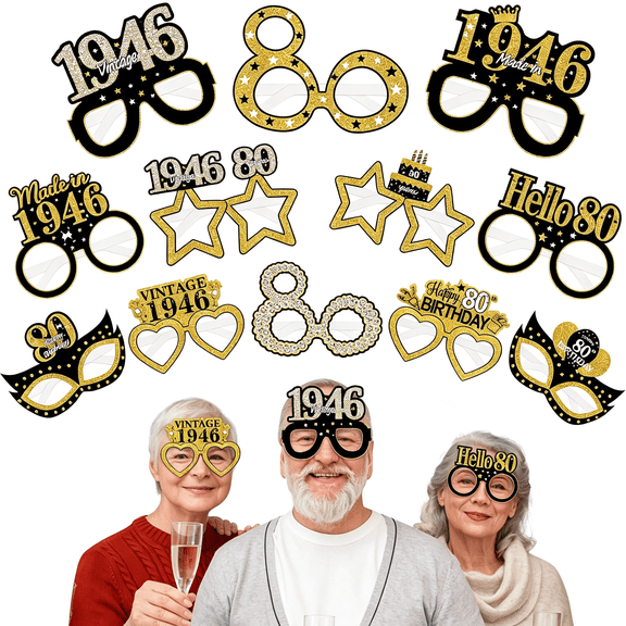 CCOCC 24 Pcs 80Th Birthday Decorations for Men&Women,1946 Vintage Black Gold Paper Glasses,Happy 80Th Birthday Photo Booth Props&Party Supplies