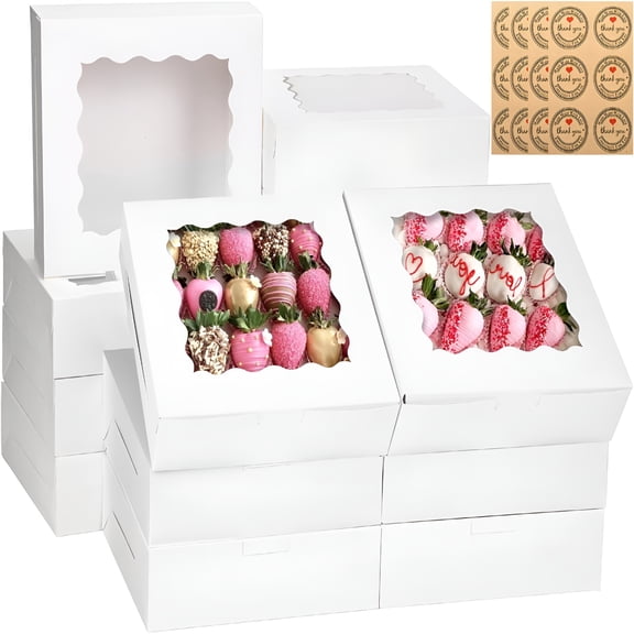 CCOCC 24 Pcs Bakery Boxes,8X8X2.5 Cookie Boxes with Window,White Treat Containers for Wedding,Birthday,Donuts,Chocolate Strawberries,Pie,Bakery Boxes with Window