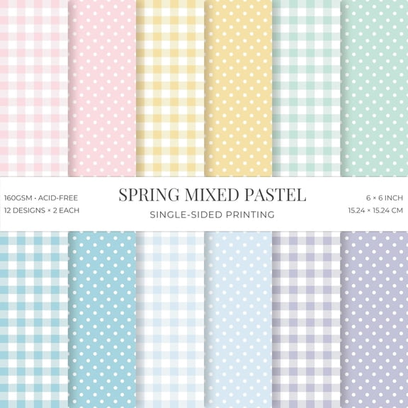CCOCC 24 Sheets Pink Spring Pastel Essential Patterns Scrapbook Paper Pad-6X6 Inch 160Gsm Heavyweight Cardstock,Single-Sided Polka Dot,Gingham Designs for Card Making,Diy Crafts,Diy Album