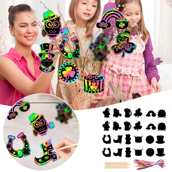 CCOCC 24Pack St Patricks Day Scratch Crafts Kit Rainbow Scratch Paper Hanging Ornaments PartyFavors Classroom Activities DIY Crafts Decorations