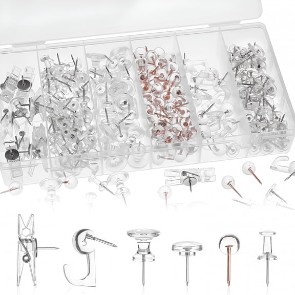 CCOCC 290 Pcs Push Pins, 6 Style Thumb Tacks Set for Wall Hanging, Cork Board, Bulletin Board, Decorative Steel Point Push Pins for Map, Photo, Craft, Office, Home - Clear