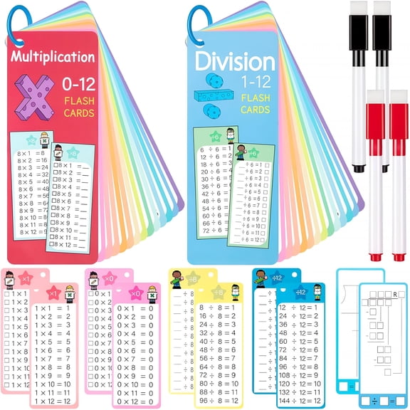 CCOCC 29Pcs Multiplication and Division Flash Cards, Math Flash Card with 4 Dry Erase Pens 2 Rings, Time Table Flash Cards for 1st to 3rd Grades Fun Learning with Math Game