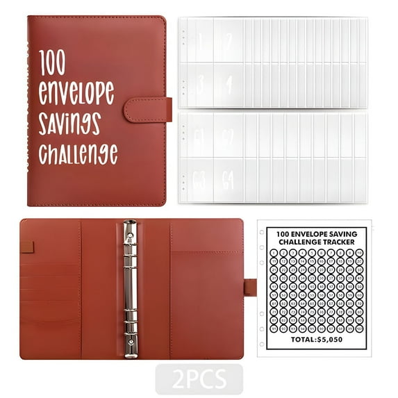 CCOCC 2Pcs 100 Day Savings Challenge Binder,Two-Person Format Love Interaction Budget Binder with Cash Envelopes,Soft Leather Layer Reliable Strength Envelope Savings Challenge Book,Brown