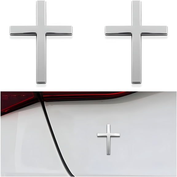 CCOCC 2Pcs Metal Jesus Christ Cross Badge Stickers,2.5"1.8" Alloy 3D Individual Car Cross Sticker,Self Adhesive Scratch Covering Metal Cross Auto Emblem Decal for Car Body Fender Tail (Silver)