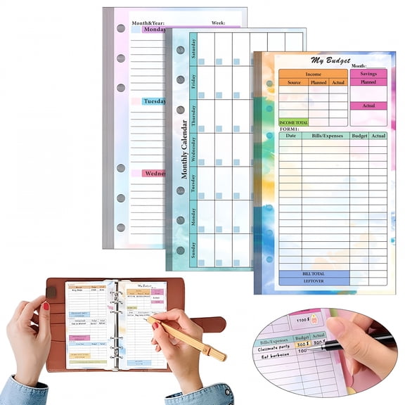 CCOCC 3 Pack A6 Planner Refill Paper Budget Sheets, Monthly Weekly Planner Losse Leaf Inserts 6 Hole Expense Tracker or A6 Planner Binder Cover Budget Bill Saving Organizer, Colorful 3 Pack