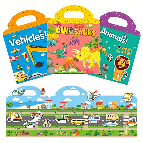 CCOCC 3-Pack Reusable Stickers for Kids Reusable Sticker Book for Kids Diy Educational Learning Toys, Dinosaur Vehicle Animal