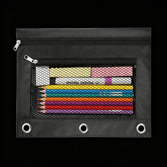 CCOCC 3 Ring Binder Pencil Pouch - Oxford Fabric Pencil Case with 2 Zippered Pockets, Clear Mesh Window Pencil Bag, B5 Size for Office & Travel Supplies (Black)