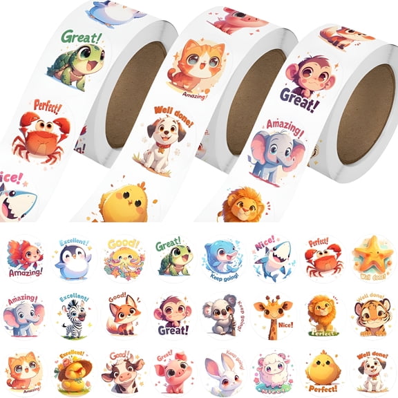 CCOCC 3 Rolls Animal Stickers for Kids, 1500 PCS Kids Stickers Bulk for Toddlers 2-4, 24 Designs Farm/Ocean/Wild Cute Sticker with Motivational Words for Kid Reward, School Supplies