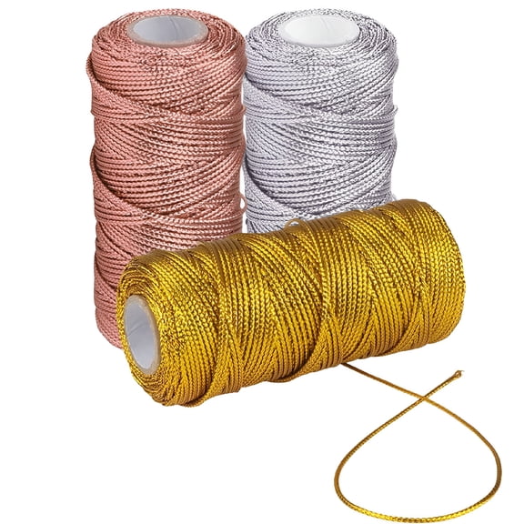 CCOCC 3 Rolls Metallic Elastic Cords Stretch Cord Ribbon Metallic Tinsel Cord Rope for Craft Making Gift Wrapping,1.5mm*100m/Roll - Gold+Silver+Rose Gold