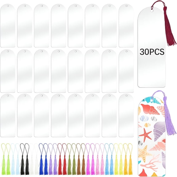 CCOCC 30 Pcs Clear Acrylic Bookmark Blanks, 6x2 Inch Plastic Page Markers with Tassels for DIY Crafting