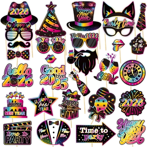 CCOCC 30 Pcs Happy New Year Photo Booth Props,Glitter Selfie Photo Booth Props Set for New Year Party Decor