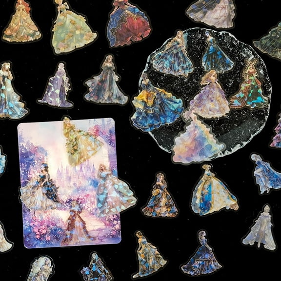 CCOCC 30-Piece Transparent Holographic Foil Princess Stickers,Fantasy Fairytale Royal Gown Glittering Decals for Scrapbooking,Journaling,Planners,And Art Projects