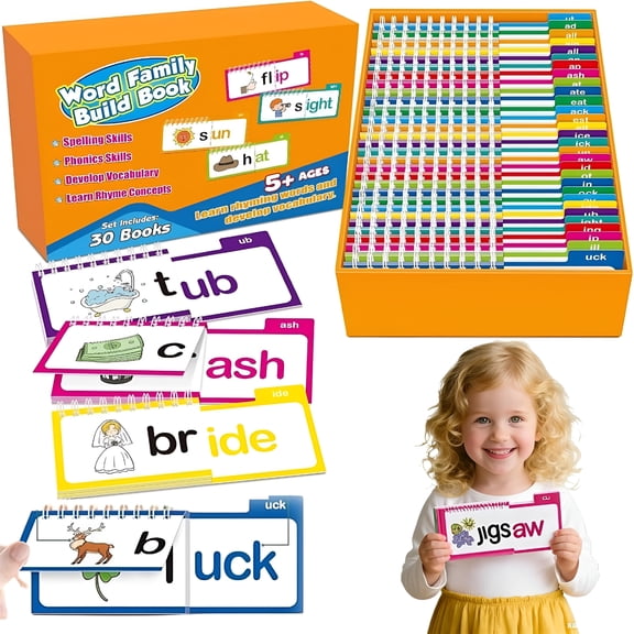 CCOCC 30 Read And Rhyme Flip Books,Word Family Build Book,Learn to Read Phonics Flash Cards,Kindergarten Educational Toys,For Kindergarten&Home