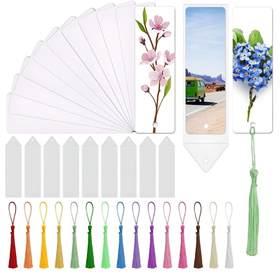 CCOCC 30 Sets Sublimation Blank Bookmarks with Clear Bookmark Sleeves Tassels and Self-Sealing Bags,Heat Transfer Metal Aluminum DIY Bookmark with Hole for Crafts Reading School Office Supplies