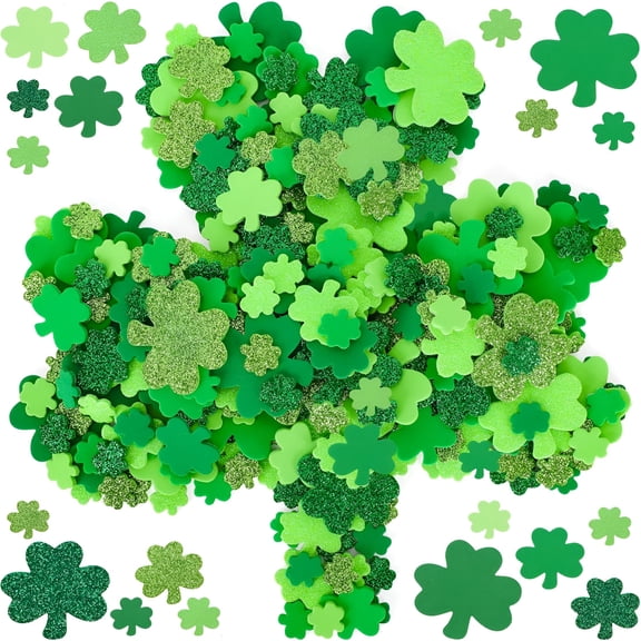 CCOCC 300 Pcs St Patricks Day Stickers, Foam Shamrock Decorations, Self-Adhesive Glitter Matte Clover Stickers for Party Favors, Classroom Crafts, Scrapbooking