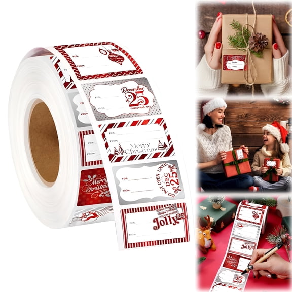 CCOCC 300 Pcs Christmas Gift Tags Stickers, 1.8*1.2 Inch Self-Adhesive Xmas Santa Claus Name Tag Labels - Holiday Present Stickers, Elegant Merry Xmas Gift Wrapping Sticker, Holiday Party Supplies