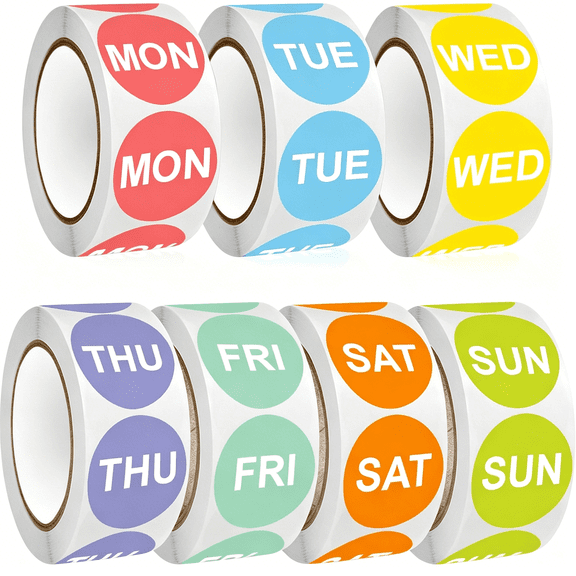 CCOCC 3500Pcs 7-Day of the Week Sticker, 1" Round Day Dot Food Rotation Labels - Removable Date Stickers for Food Containers 7 Rolls Self Adhesive(500 Labels/Roll)