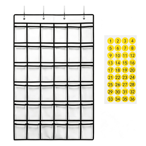 CCOCC 36 Clear Pockets Classroom Pocket Chart for Cell Phones,Pocket Chart for Calculator Phone Holder with 36 Number Stickers and Hooks (White),Handy Pocket Organizer