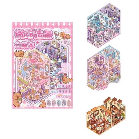 CCOCC 3D Sticker Scene Book-10 Sets Coffee Shop/Teahouse/Ocean House Scenes,Fun Cute Cartoon Sticker Room Scene Book,Stickers for Adults Stress Relief&Party Activities(Pink)