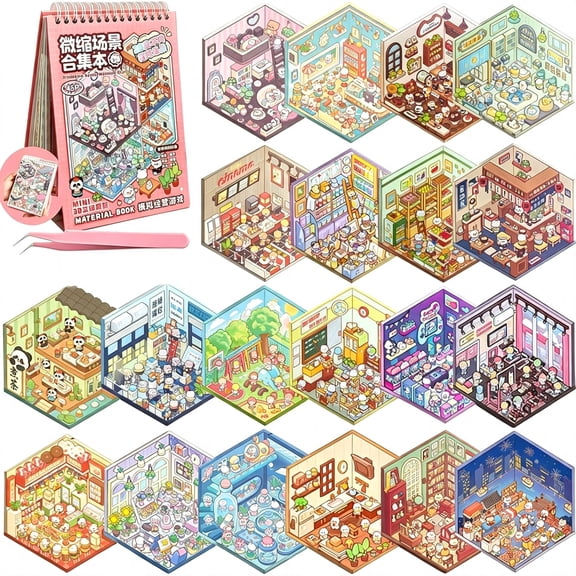 CCOCC 3D Sticker Scene Book for Adults, 20 Sets Mini Sticker Scenes Diy Craft - Make Your Own Cozy Room, Supermarket, House & More, Sticker Therapy for Stress Relief, Cute Art Stickers Gift Idea