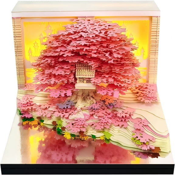 CCOCC 3D Timepiece Calendar 2026 with LED Light,3D Memo Pad Paper Carving Art,Tear Away Desk Calendar for Daily Planner,Notepad & Bookmark,Creative Paper Sculpture for Office Decor & Gift (Pink Tree)