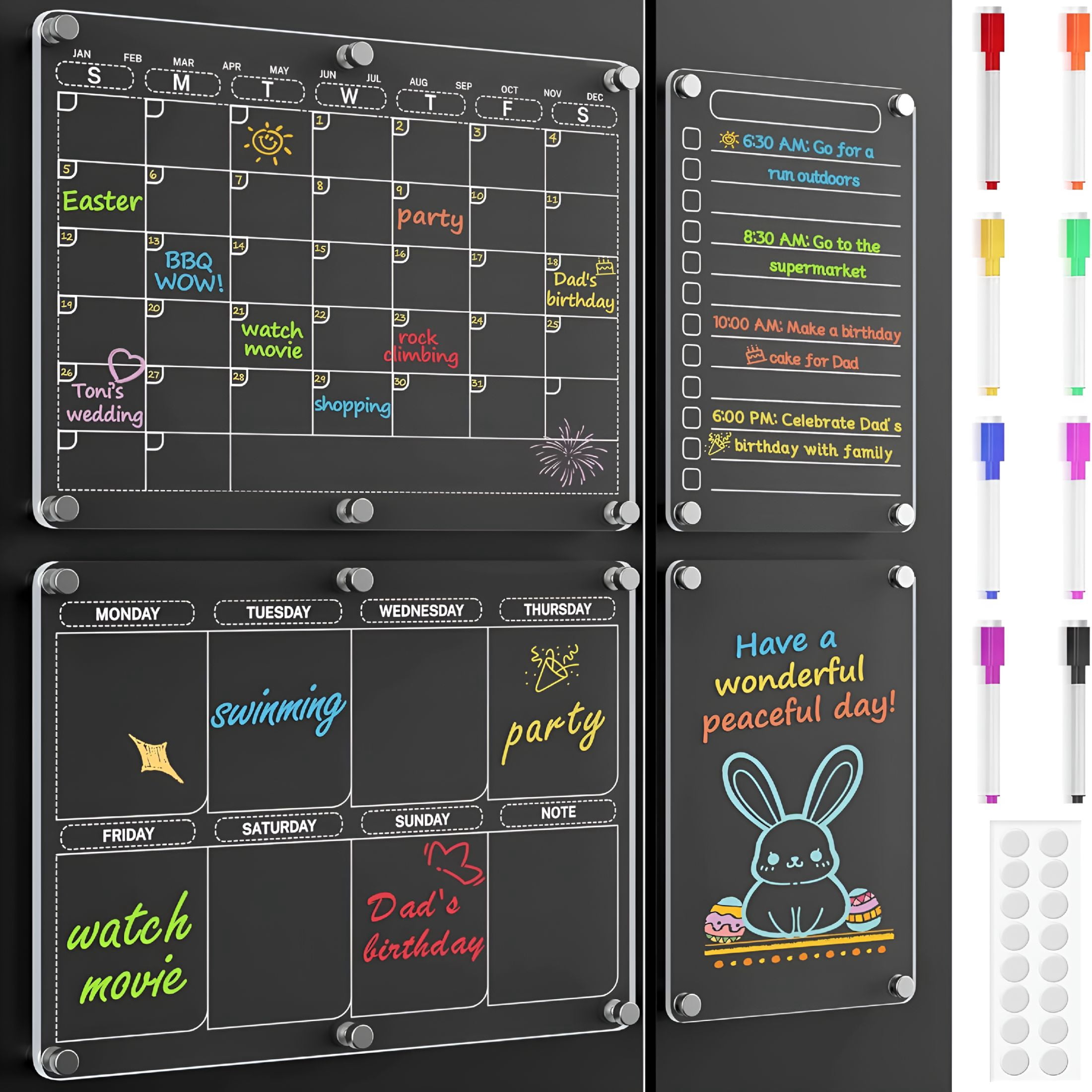 CCOCC 4 Pack Magnetic Calendar for Refrigerator,Clear Acrylic Calendar for Fridge with 8 Colorful Markers,Fridge Calendar Magnet Easy Erase for Home Kitchen,Office Organization