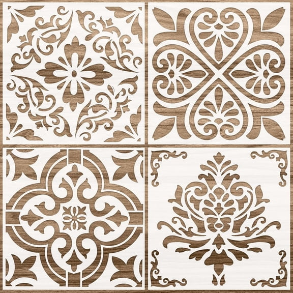 CCOCC 4 Pcs 12 X 12"Es Reusable Tile Stencil for Painting Large Pattern Floor Wall Templates Flower Damask Talavera Moroccan Mehndi for Diy Crafts Concrete Plaster Decor(Flower Style)