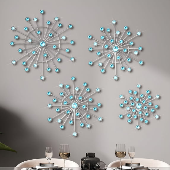 CCOCC 4 Pcs Metal Wall Decor Bling Crystal Wall Art Cast Iron Rhinestones Sunburst Decor Starburst Art Hanging Diamond Accents Home Decorative for Living Room Bedroom Entryway (Blue)