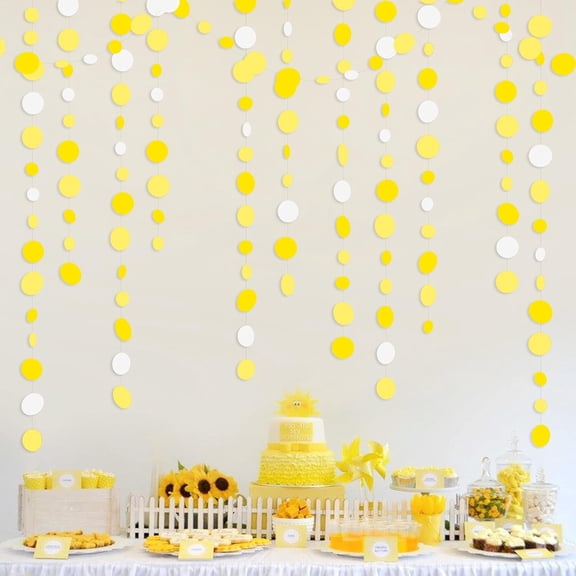CCOCC 46 Ft Yellow White Circle Dots Garland Gradient Yellow Polka Dot Hanging Paper Streamer for Wedding Bridal Shower Birthday Engagement Bee Sunflower Lemon Themed Party Decorations Supplies