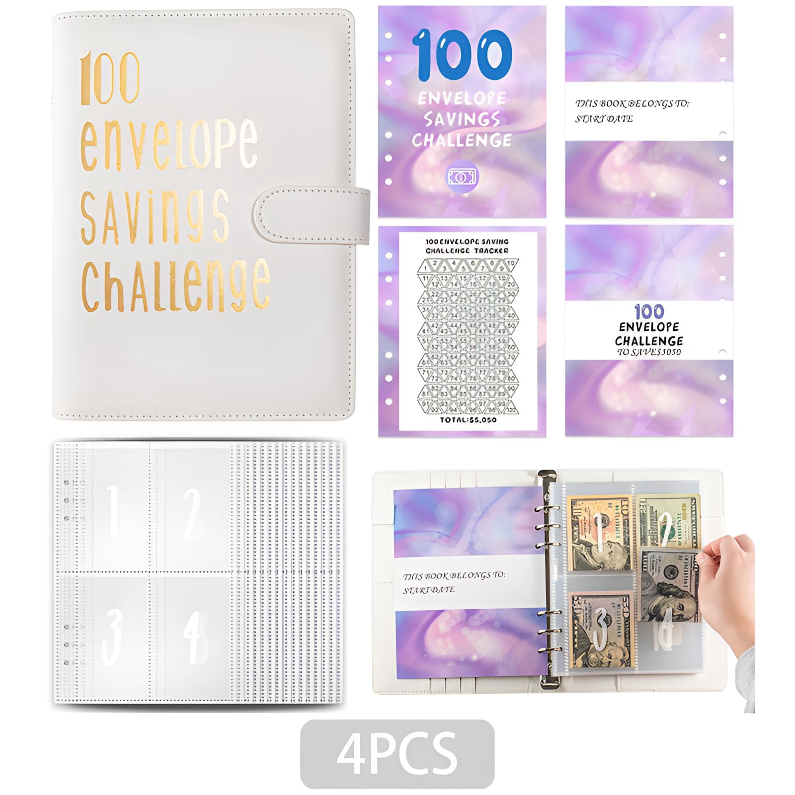 CCOCC 4Pcs 100 Day Savings Challenge Binder,Soft-Tone Pu Leather ...