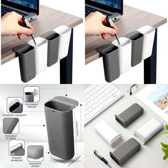 CCOCC 4pcs Screen Pen Pencil Holders Attachable Deskside Pen Holder Computer Monitor Desktop Pen Organizer With Self Adhesive Attacher For Office Supplies Work Gadgets White Gray