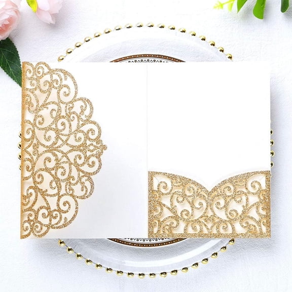 CCOCC 5.12 X 7.2 Laser Cut Invitation Pocket,20Pcs Tri-Fold 5 X 7 Laser Cut Wedding Invitation Pockets with Envelopes for Wedding Bbay Shower Birthday Invite (Gold Glitter,No Inner Sheet)