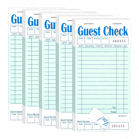 CCOCC 5 Pack Guest Check Books,Server Note Pads for Restaurant,Green Waiter Checkbook,Waitress Notepad,Food Receipt Book,Restaurant Order Pad 50 Sheets/Pack,250 Total Tickets