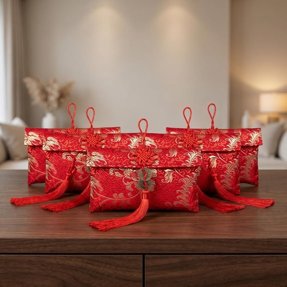 CCOCC 5-Pack of Red Silk Envelopes with Lucky Copper Coins, Card Envelopes Gift Wrap Bags and Red Lucky Money Pockets for New Year Spring Festival Birthdays Chinese New Year