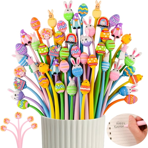 CCOCC 50 PCS Easter Stress Relief Bobblehead Pens Kawaii Easter Eggs Rabbit Chicken Rainbows Gnome Shape Pen Fun Cute Pen Kawaii Fidget Pens for Classroom Prizes Office Supplies