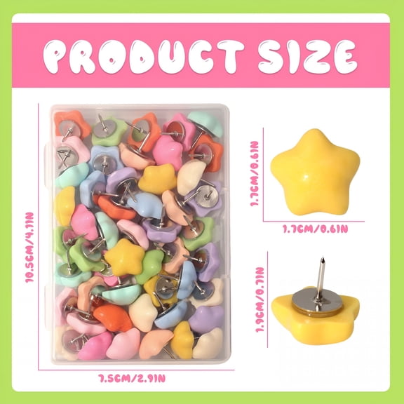 CCOCC 50 Pcs Boxed Colorful Stars Push Pins, Decorative Cute Wall Thumb Tacks for Cork Board, Bulletin Board, Hanging Photo Poster, Home Office Supplies
