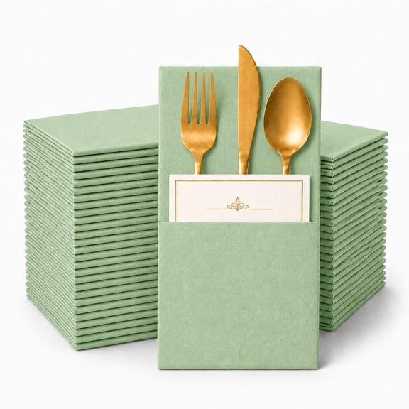 CCOCC 50 Pcs Sage Green Napkins Disposable Linen Feel Dinner Napkins with Flatware Pocket,16X16In Airlaid Paper Pre-Folded for Wedding Baby Shower Easter Birthday Party