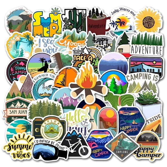 CCOCC 50 pcs Camping Stickers | Laptop Skateboard Decals | Waterproof Non-Reflective Stickers | Phone Luggage Computer Mug Journal