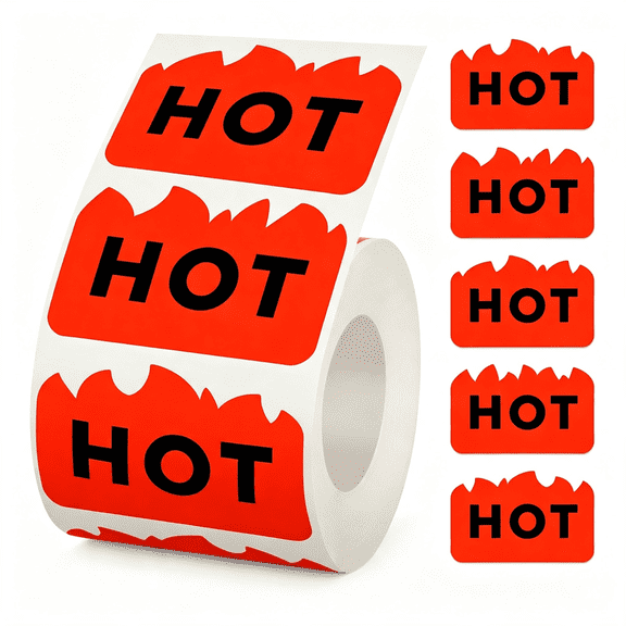 CCOCC 500 Pcs Rave Hot Stickers 2 X 1.25 Inch Fluorescent Red Orange 5 Styles Flame Shaped Labels, Fire Marking Stickers for Restaurants, Supermarkets, Stores, and Shops (Fluorescent Red Orange)