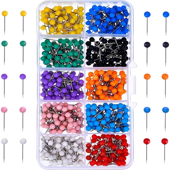 CCOCC 500 Pieces Multi-Color Push Pins Map Pins Tacks Plastic Round Head with Steel Point for Bulletin Board Fabric Marking,10 Colors (1/5 Inch)