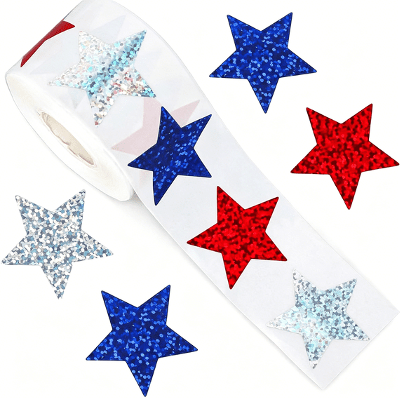 CCOCC 500Pcs 4th of July Sticker Holographic Stars Stickers Self Adhesive Red Blue Silver Stars Patriotic Star Shape Sticker for Reward Crafts Memorial Independence Day Decoration