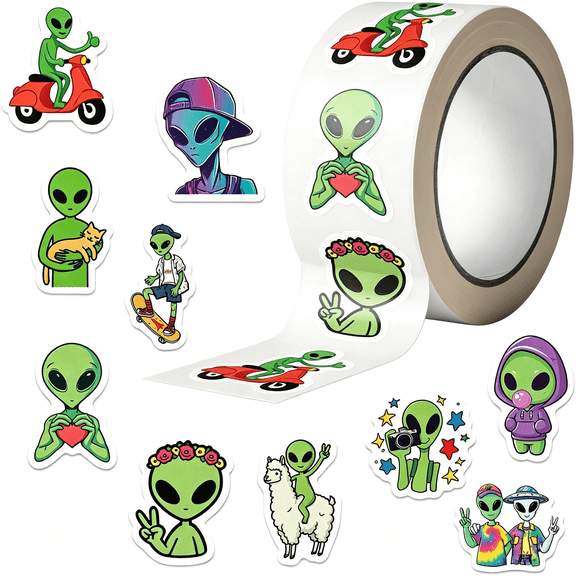CCOCC 500Pcs Alien Sticker for Kids Boy Teacher,1 Roll 10 Styles Cute Ufo Stickers Reward Cartoon Green Stickers Office Supplies Incentives Sticker Animal Party Favor Decal (Alien)