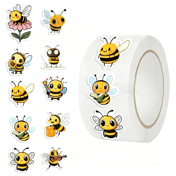 CCOCC 500Pcs Bee Stickers Roll,1" Waterproof Vinyl Cartoon Honeybee Decals,Cute Insect Stickers for Kids Crafts Scrapbooking Envelope Seals Party Favors Classroom Rewards Diy Decor