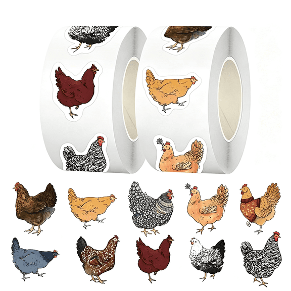 CCOCC 500Pcs Cute Cartoon Chicken Stickers Roll,10 Styles Self-Adhesive Envelope Seals Stickers for Bottles, Laptops,Journals,Luggage, Snowboards, Guitars, Scrapbooks, Phones,