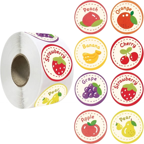 CCOCC 500Pcs Fruit Stickers,8 Styles 1 Inch Small Peach Orange Banana Cherry Grape Strawberry Pear Sticker Round Roll for Teachers Classroom Rewards Scrapbooking Crafts