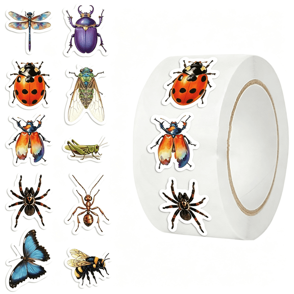 CCOCC 500Pcs Insect Stickers Roll,Watercolor Bug Stickers for Kids with 10 Designs,Vinyl Ladybug Butterfly Bee Decals for Scrapbooking,Classroom Rewards,And Crafts