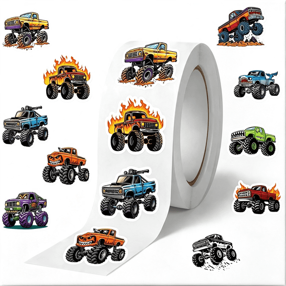 CCOCC 500Pcs Monster Truck Stickers Roll,10 Styles Cartoon Truck Self-Adhesive Envelope Seals Stickers for Bottles,Laptops,Journals,Luggage,Snowboards,Guitars,Scrapbooks,Phones,