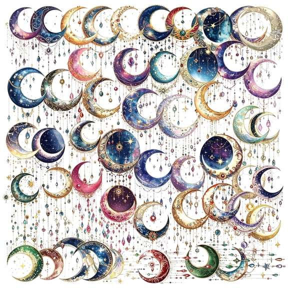 CCOCC 50Pcs Dreamy Moon Crystal Gem Scrapbook Stickers Clear Celestial Vinyl Decals with Stars,Crystals & Galaxy Designs Aesthetic Stickers for Journaling,Planners,Crafts & Gifts (Colourful-B10)