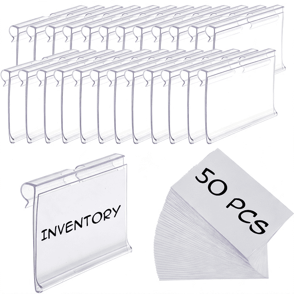 CCOCC 50Pcs Labels for Storage Bins Plastic Label Clip,Basket Labels Clip on Wire Shelf Price Label Holder Merchandise Sign Display Holder,50Pcs Label Insert Included (3.54In*1.57In)
